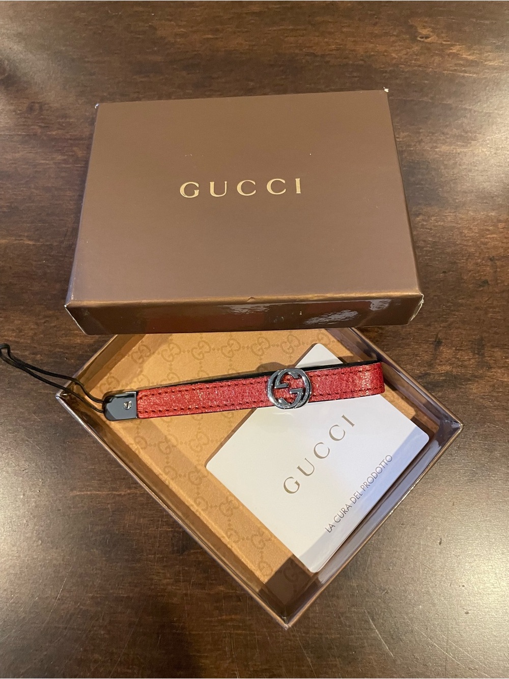 Gucci Red Leather Phone loop with Double G Charm